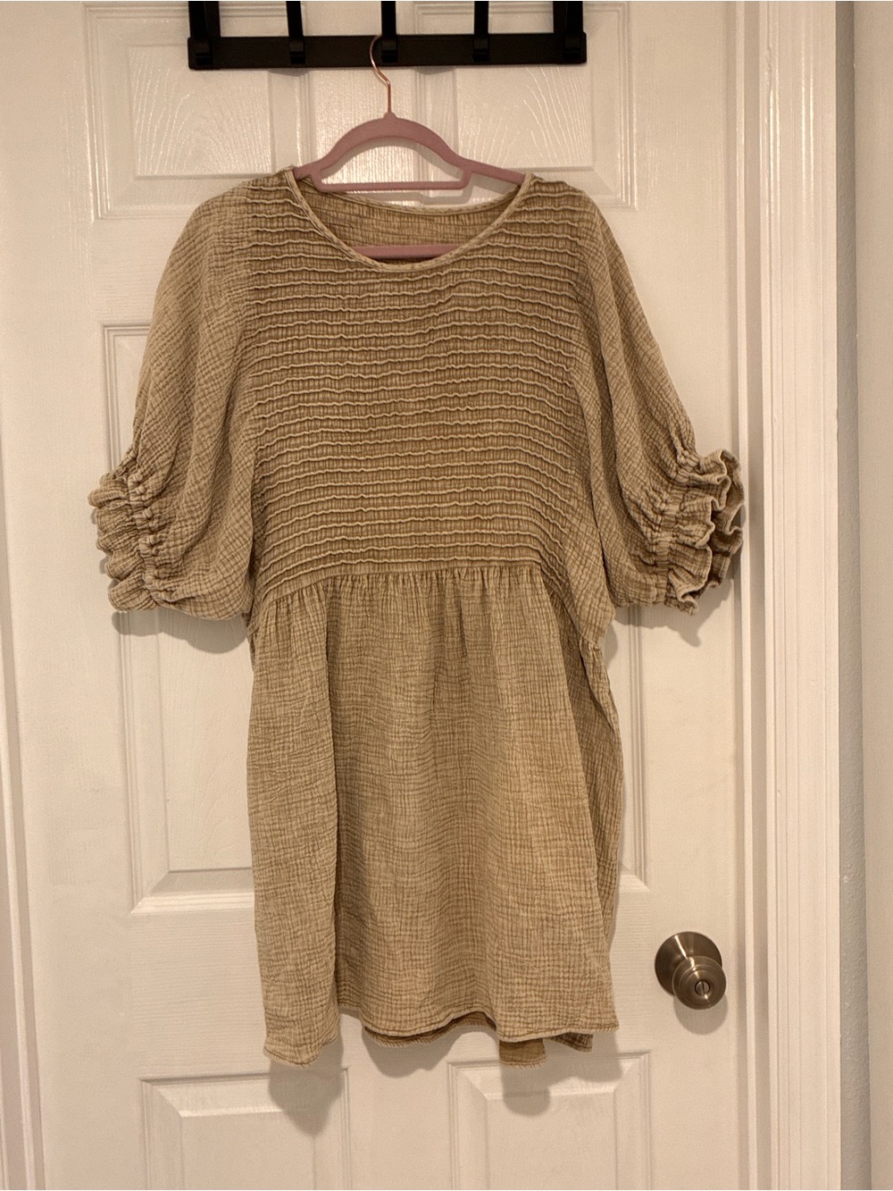 Beige Textured Smocked Babydoll Dress.